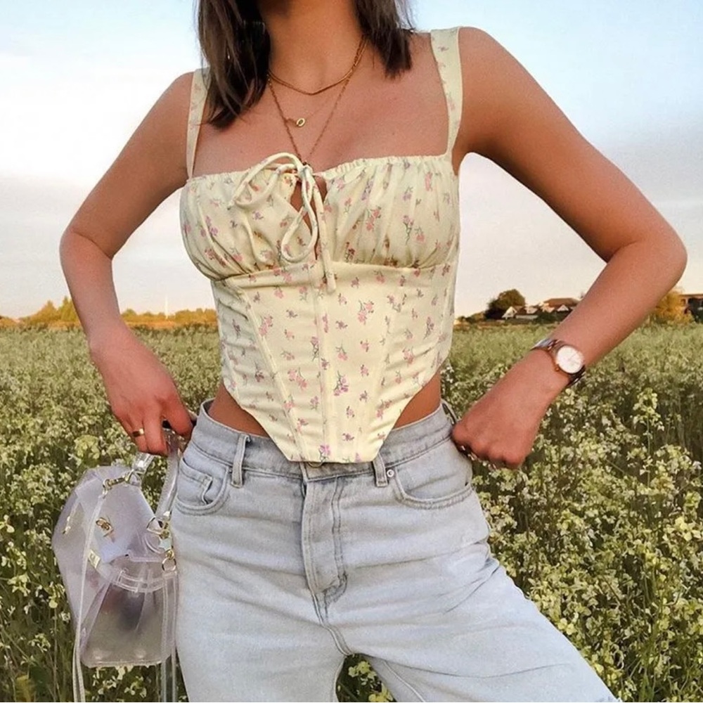 3/$20 YESSTYLE Floral Print Strap Bustier Top yellow with flowers - L